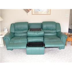 Green leather double recliner sofa