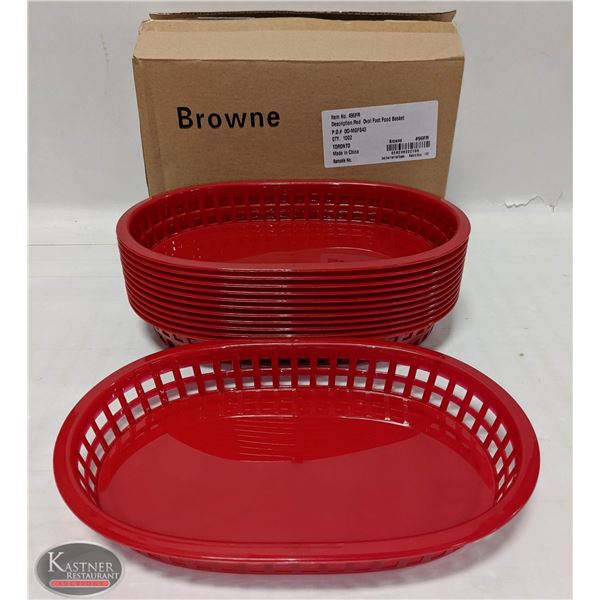 12 NEW BROWNE RED OVAL FOOD BASKETS. 10" X 7"