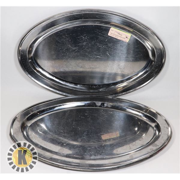 TWO STAINLESS STEEL OVAL SERVING TRAYS