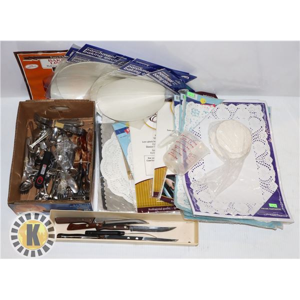 FLAT OF ASSORTED FLATWARE, PARCHMENT PAPER