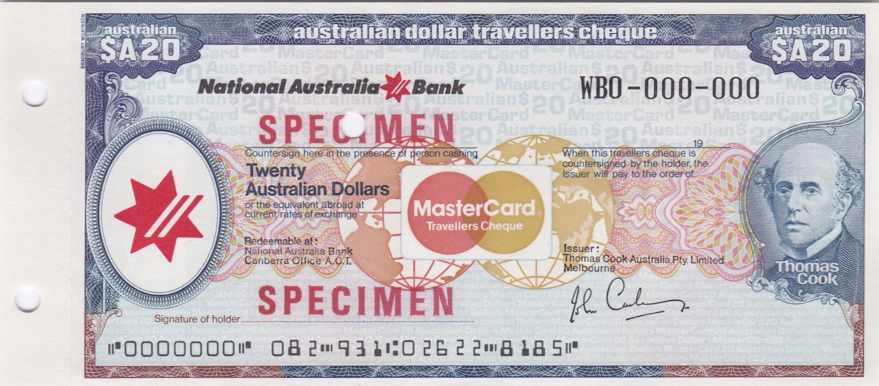 Cheque Example Australia 1900s, Australian dollar travellers cheque, $A20, WB0-000-000, Specimen.