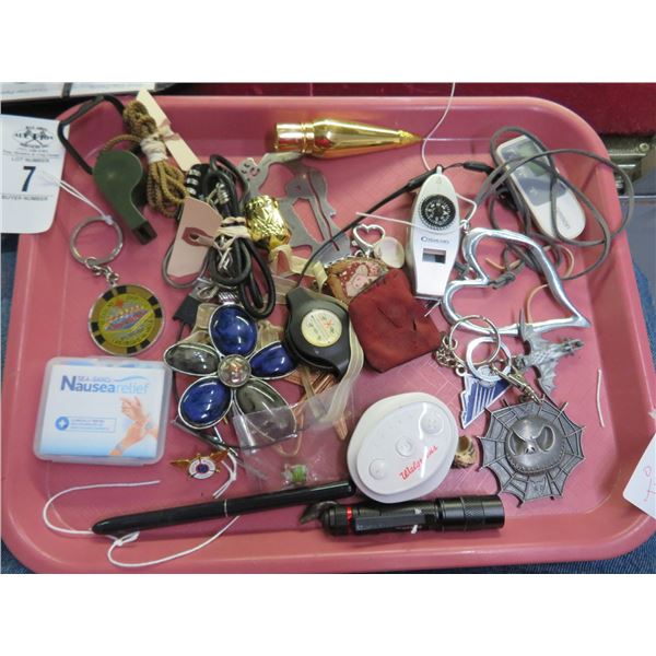 Tray of Asst. Pins, Whistle, Flashlight, Lock & More