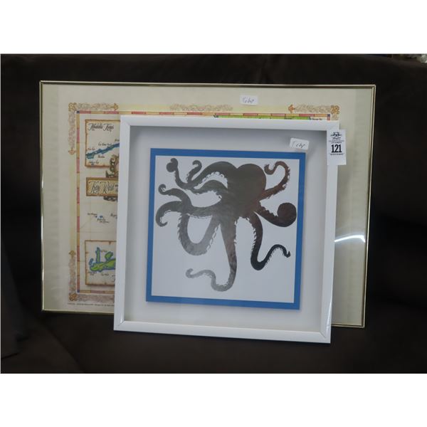 Framed Florida Nautical Map and Octopus Wall Art (2)