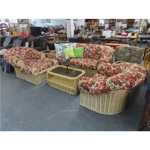 Floral Motif Rattan Sofa, Armchairs, Coffee & End Table Set - 7 Pc.