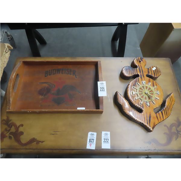 Wood Anchor Clock and Vintage Wood Budweiser Tray