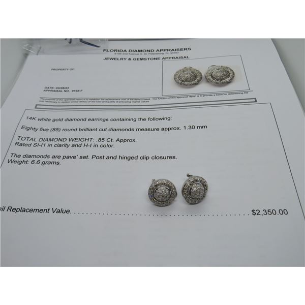 14K WG Diamond Earrings w/85 Round Cut Diamonds 6.6g - Replacement