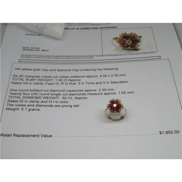 14K YG Ruby and Diamond Ring w/6 Marquise Cut Rubies and One Round