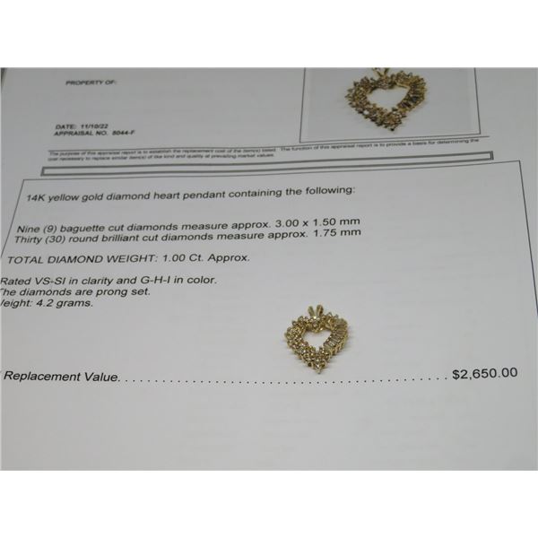 14K YG Diamond Heart Pendant w/9 Baguette Cut Diamonds and 30 Round