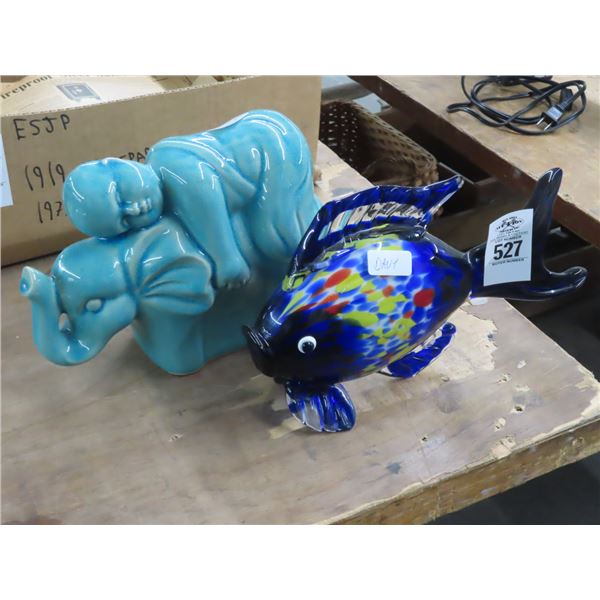 Fish Glass, Hindu Elephant w/Boy Porcelain