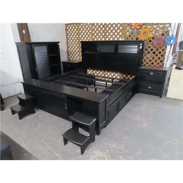 Black King Bed, Wardrobe, Nightstands, Steps Set