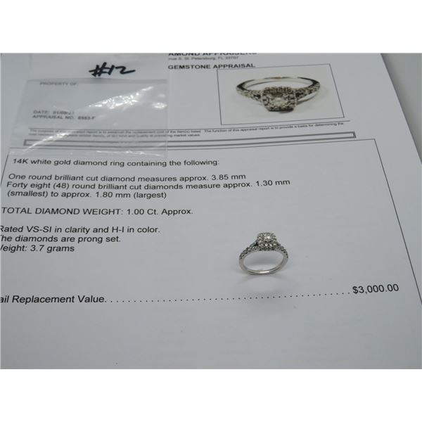 14K WG Diamond Ring w/One Round Diamond and 48 Round Cut Diamonds