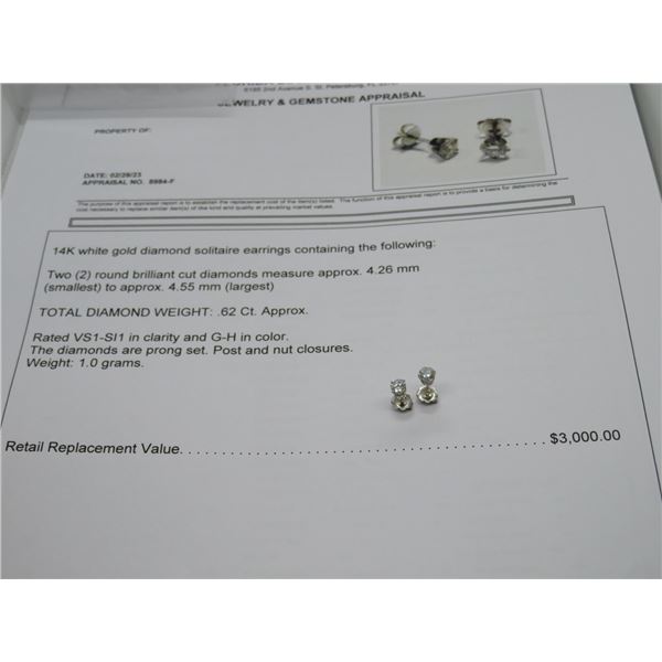 14K WG Diamond Solitaire Earrings w/2 Round Cut Diamonds 1.0g -