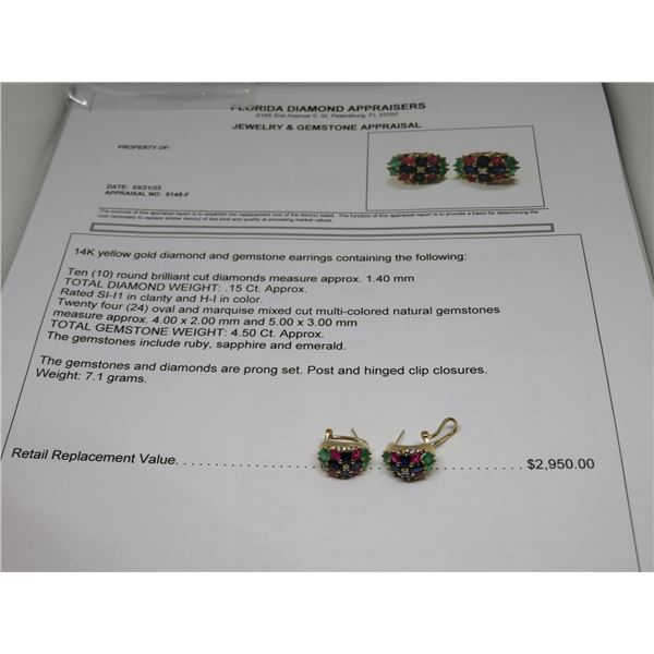 14K YG Diamond and Gemstone Earrings w/10 Round Cut Diamonds and 24