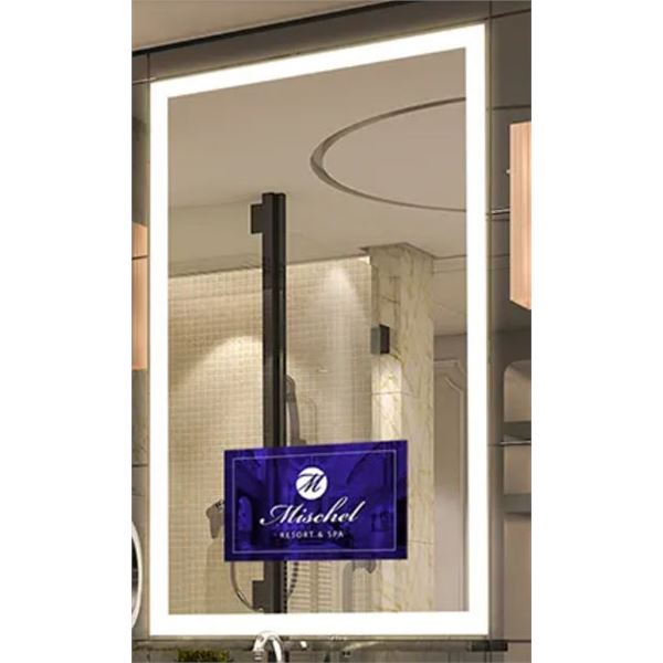 Unused Electric Mirror, LLC. Lighted Hospitality TV Mirror w/ Built in 15.6  LCD TV, 26 x62  Overall