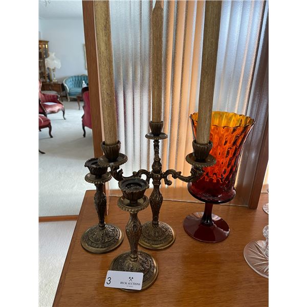 Brass Candle Holders and Amber Glass Flower Vase