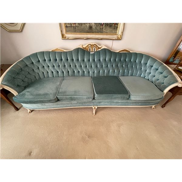 Vintage White Framed Couch with Blue Upholstry - 93L x 36D x 40T