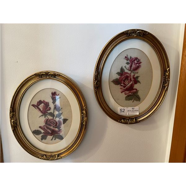 Framed Needle Point Roses in Oval Frames - 12L x 9W