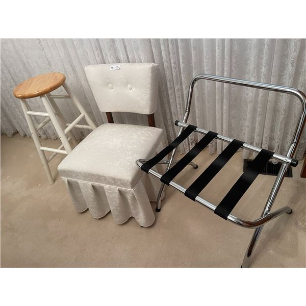 Chrome Luggage Stand, Bedroom Chair, and a Stool