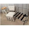 Image 1 : Chrome Luggage Stand, Bedroom Chair, and a Stool