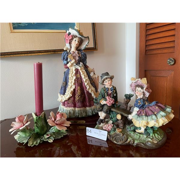 Collection of Plaster Figurines and a Capademonte Candle Stick