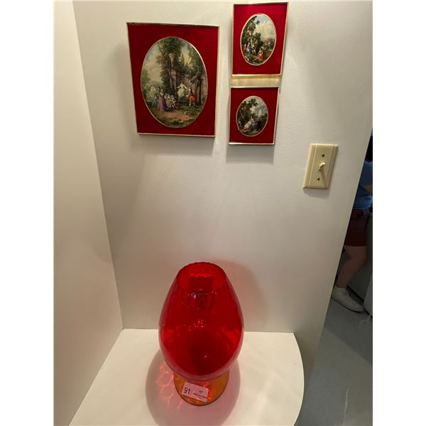 Large Red Glass Bowl and 3 Red Framed Art Prints
