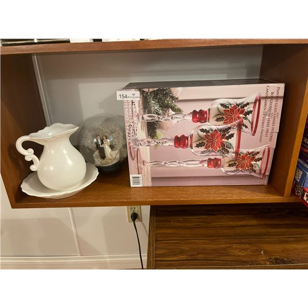 Painted Glass Candle Holders & Pitcher