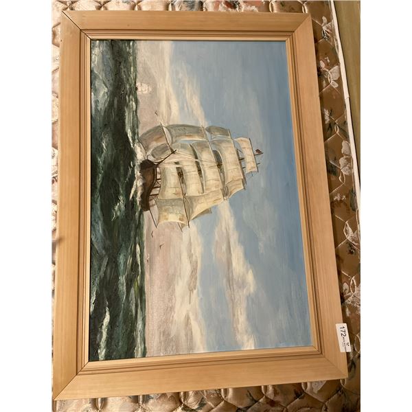 Reid Oil Painting Of Ship On Canvass 38 x 27