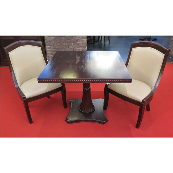 Wooden Table w/ Pedestal Base 36 x36 x30 H & 2 Wooden Upholstered Chairs 38 H