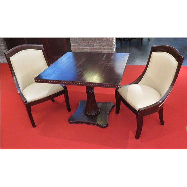 Wooden Table w/ Pedestal Base 36 x36 x30 H & 2 Wooden Upholstered Chairs 38 H