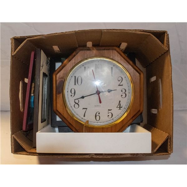 BOX OF PICTURE FRAMES WITH A CLOCK