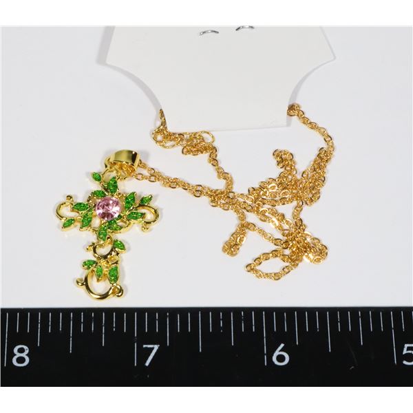 NEW GOLDTONE LEAF DESIGN CROSS WITH CHAIN.