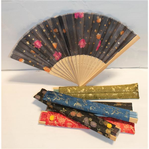 BOX WITH 5 WOOD AND SATIN JAPANESE FANS -