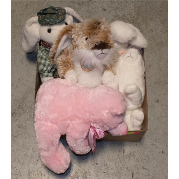 BOX WITH NEW MEDIUM SIZED STUFFED ANIMALS -