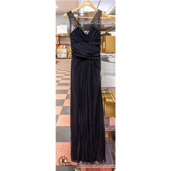 BLACK V NECK BEADED PLEATS LONG DRESS