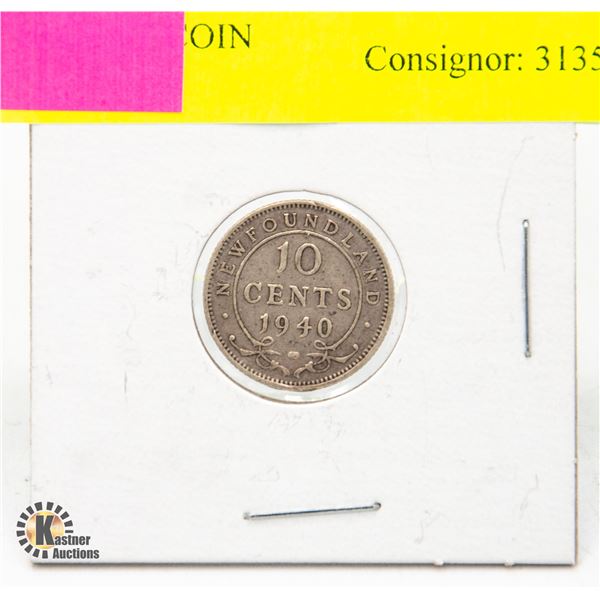 1940 NEWFOUNDLAND 92.5% SILVER 10 CENT COIN