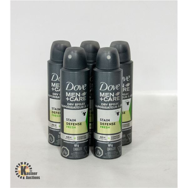 NEW BAG OF 5 DOVE MEN+CARE DRY SPRAY 107G BOTTLES