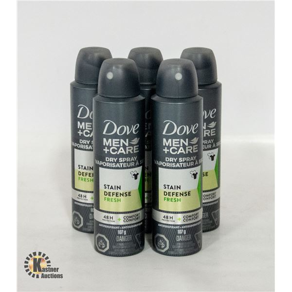 NEW BAG OF 5 DOVE MEN+CARE DRY SPRAY 107G BOTTLES