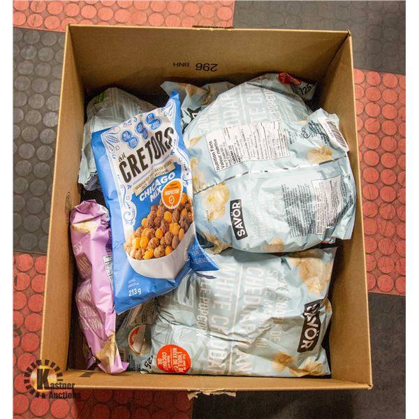 LARGE BOX OF MIXED TYPES OF POPCORN - VARIOUS