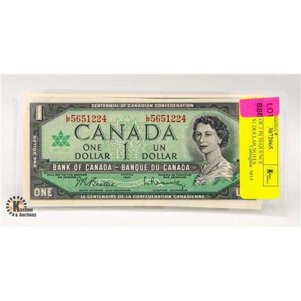 1967 LOT OF 3 IN SEQUENCE CANADA $1 DOLLAR NOTES