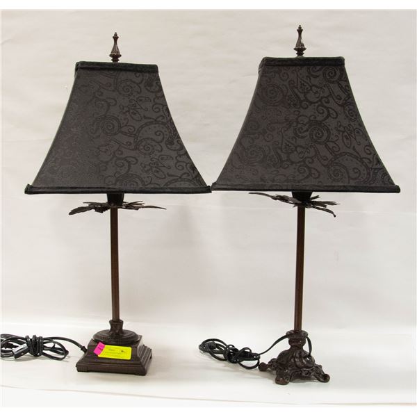 PAIR OF DARK BROWN TABLE LAMPS WITH BLACK SHADES
