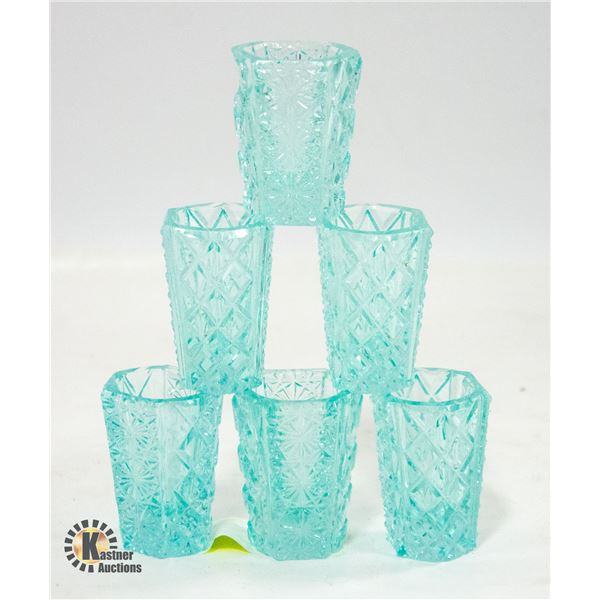 VINTAGE (6) AQUAMARINE “BUTTONS” SHOT GLASSES