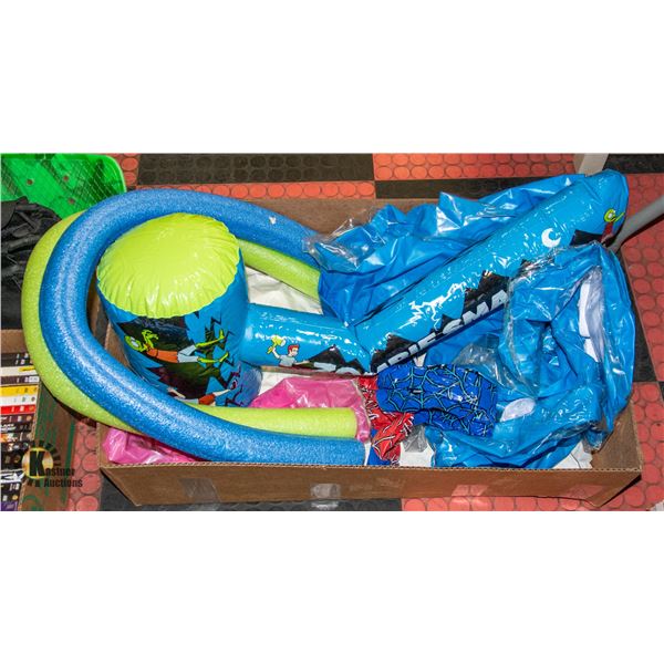 BOX OF INFLATABLE POOL/WATER TOYS AND