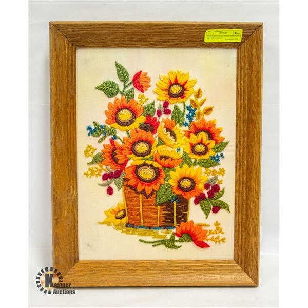 VINTAGE SUNFLOWER EMBROIDERY ART ON CANVAS