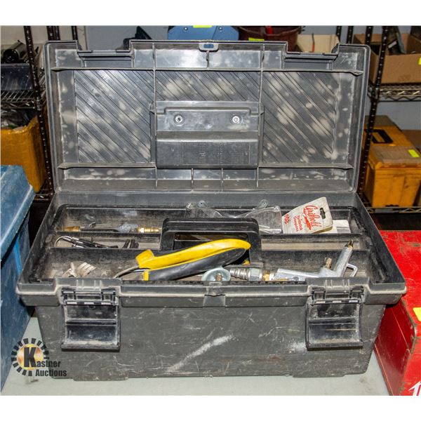 RUBBERMAID TOOLBOX WITH ASSORTED TOOLS