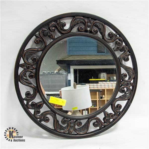BLACK ROUND MIRROR USED ONLY FOR STAGING  20 1/2”