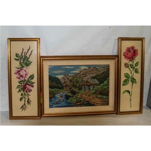3 PC VINTAGE NEEDLE POINT PICTURES (FRAMED)