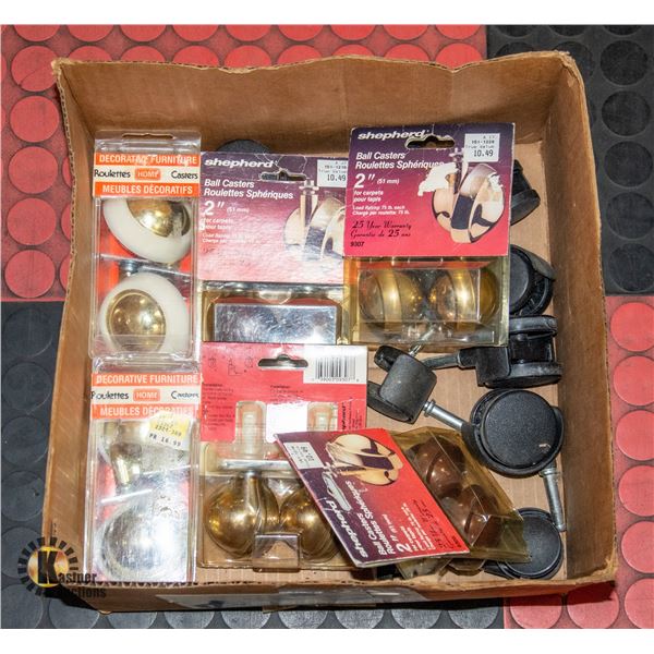 6 BOXES OF NEW CASTORS AND USED WHEELS