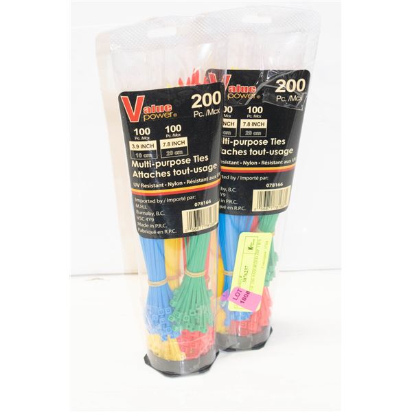 2 PACKS OF 200 ASSORTED ZIP TIES