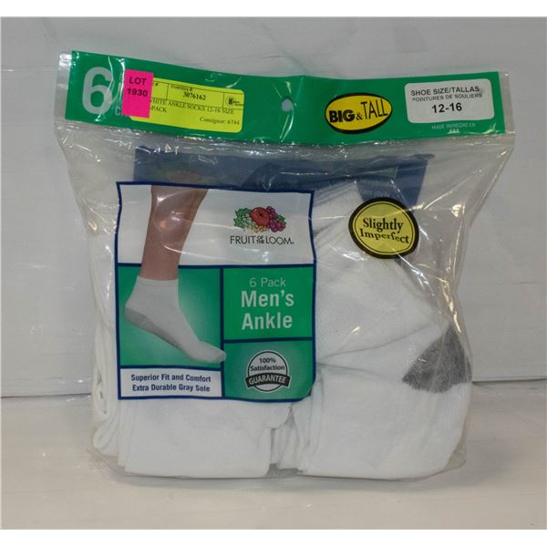 WHITE ANKLE SOCKS 12-16 SIZE 6-PACK