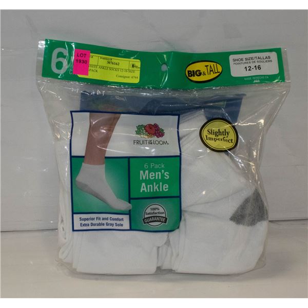 WHITE ANKLE SOCKS 12-16 SIZE 6-PACK